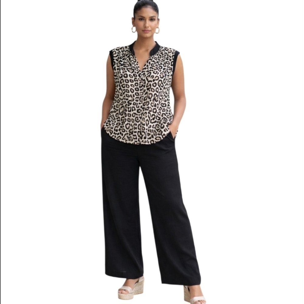 Calvin Klein Black and Brown Mandarin Collar Blouse.     Size L. - Picture 2 of 7